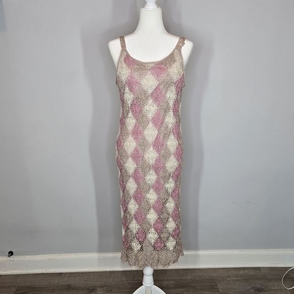 Newport News Crochet Knit Sleeveless Beige Ramie Blend Midi Dress Size L - Picture 1 of 7
